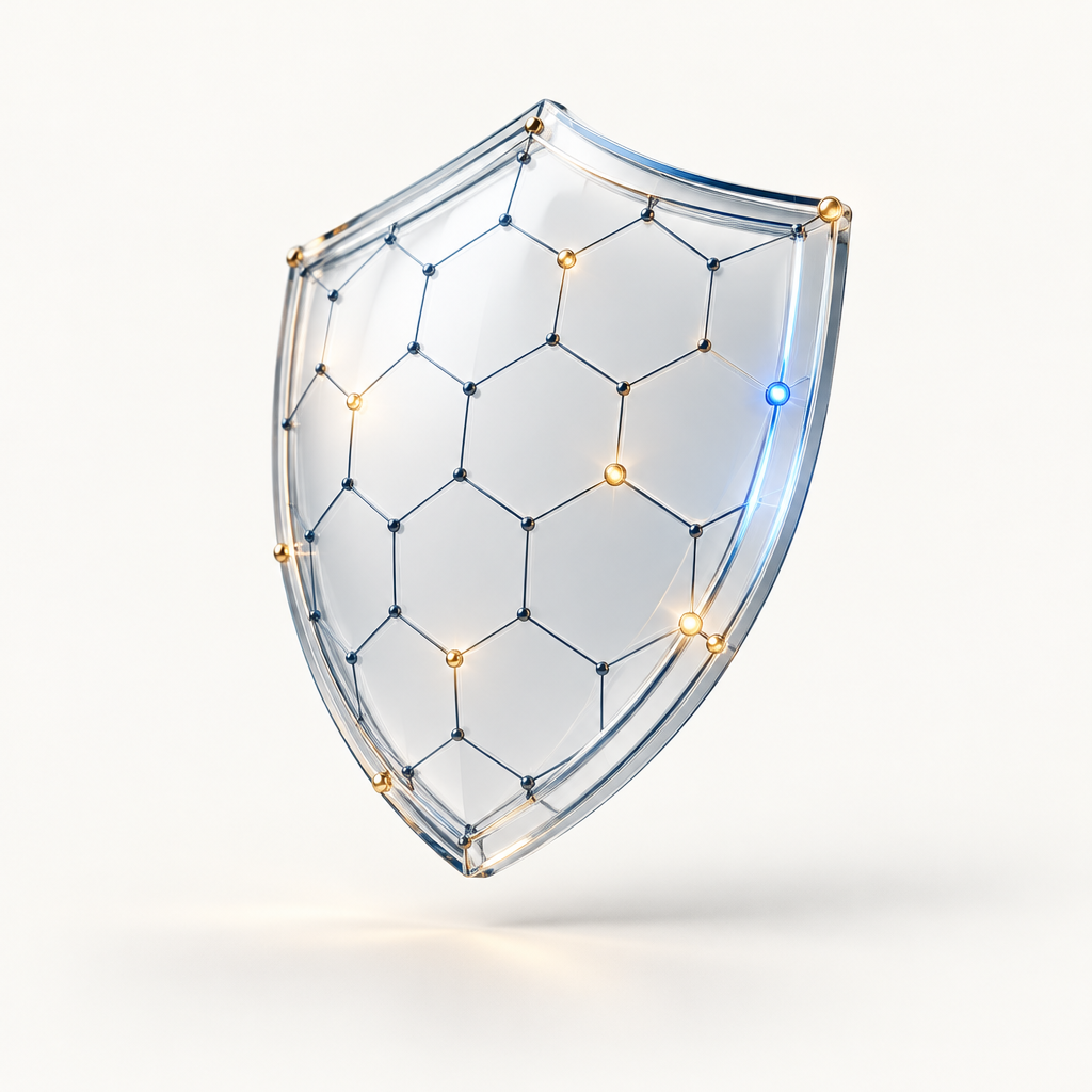 Abstract glass shield formed from a network of connected points, representing MSS Sécurité's layered protection